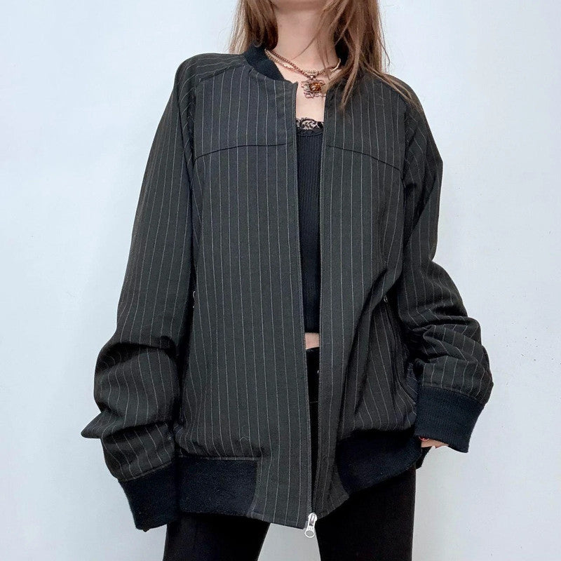 oversized pinstripe bomber jacket