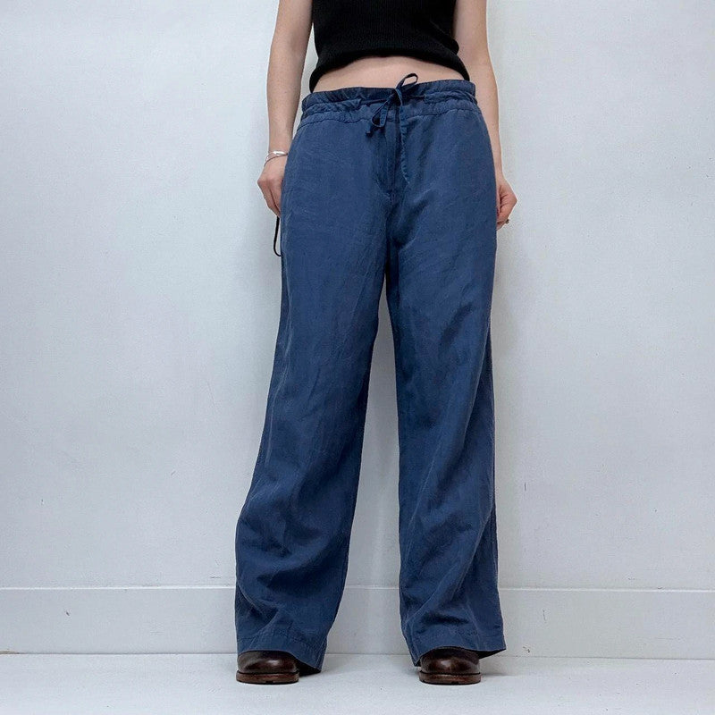 blue wide-leg linen silk drawstring trousers