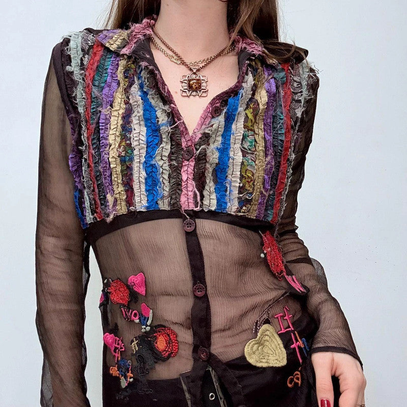 embroidered patchwork fairy sheer shirt
