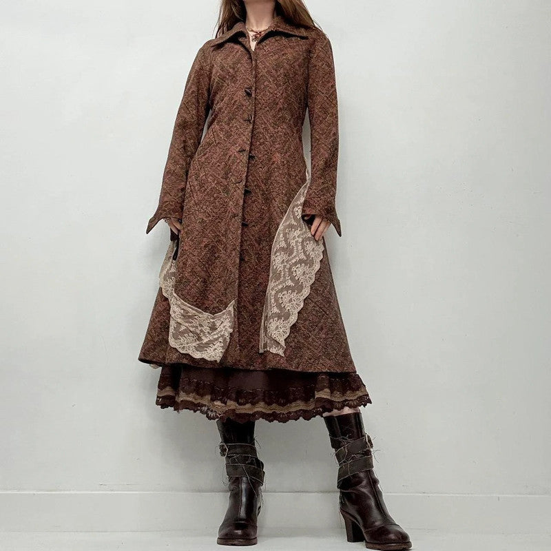brown lace flared tweed pea coat