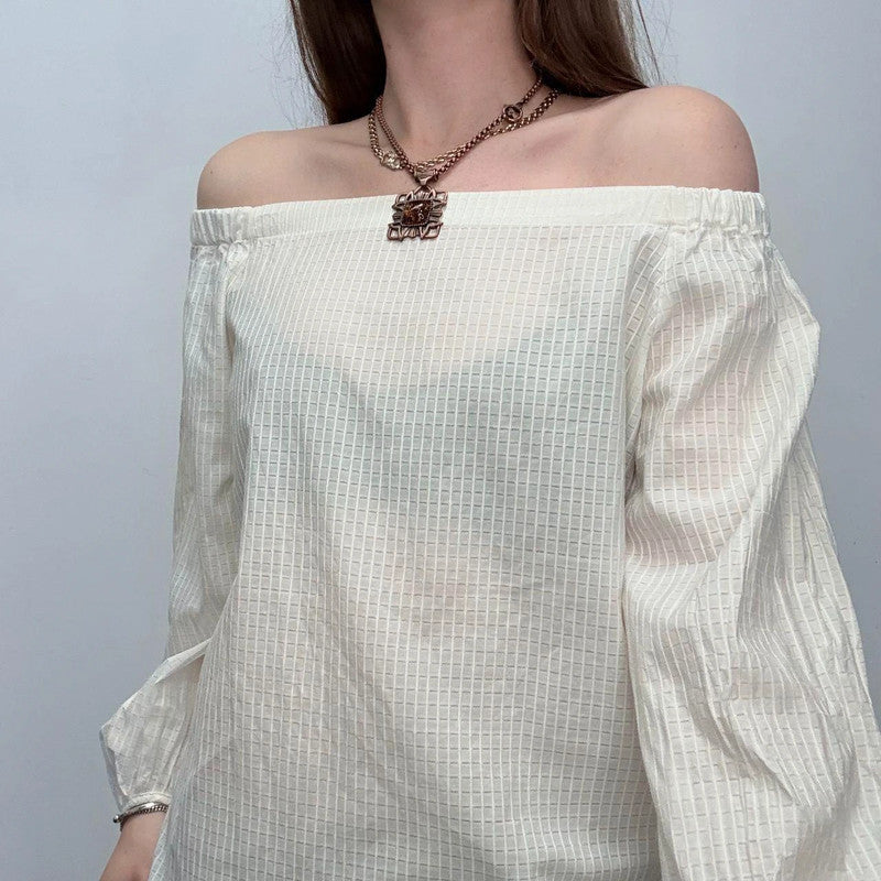 cream sheer off the shoulder puff shirt