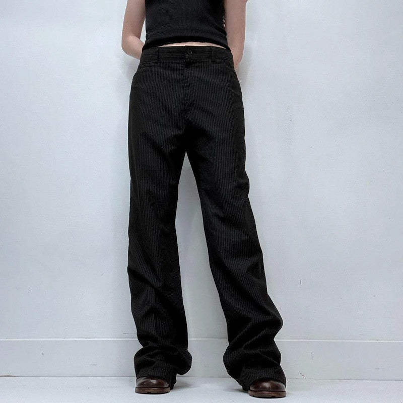 black pinstriped flared trousers