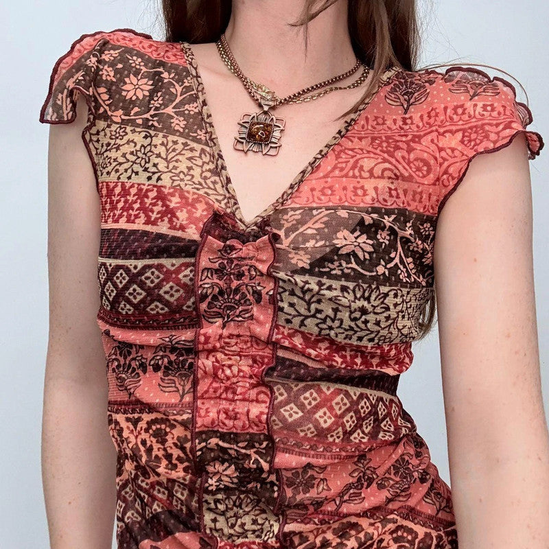 sheer gathered patchwork mesh vest