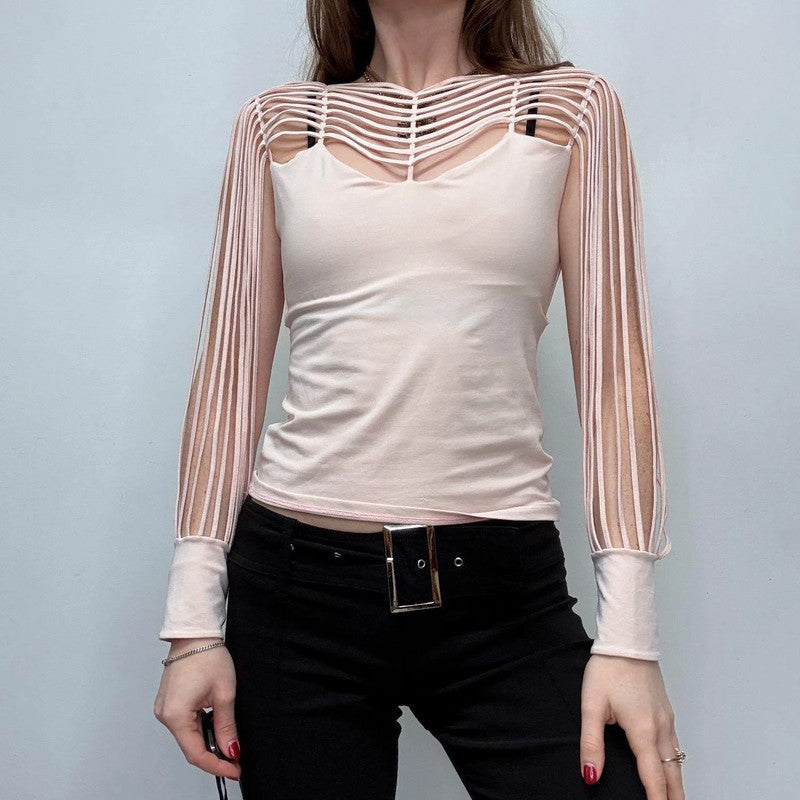 pastel pink cut-out sleeve flared shirt