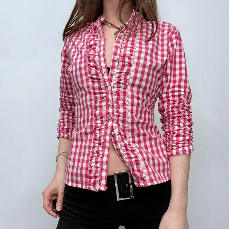 pink tartan ruffle ruched shirt