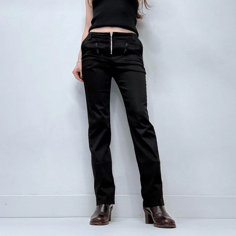 black zip front straight leg trousers