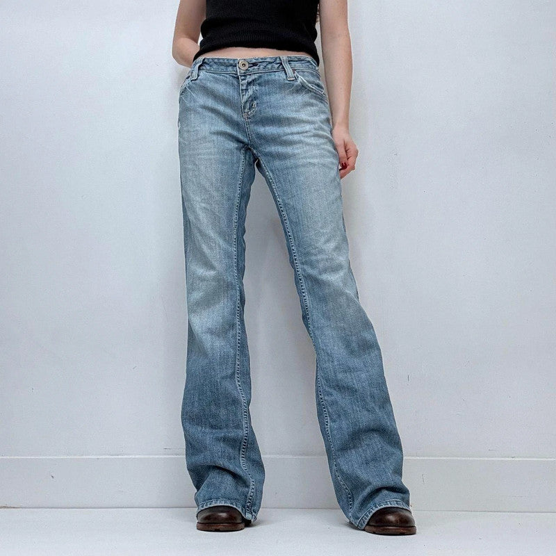 distressed flared leg low rise jeans