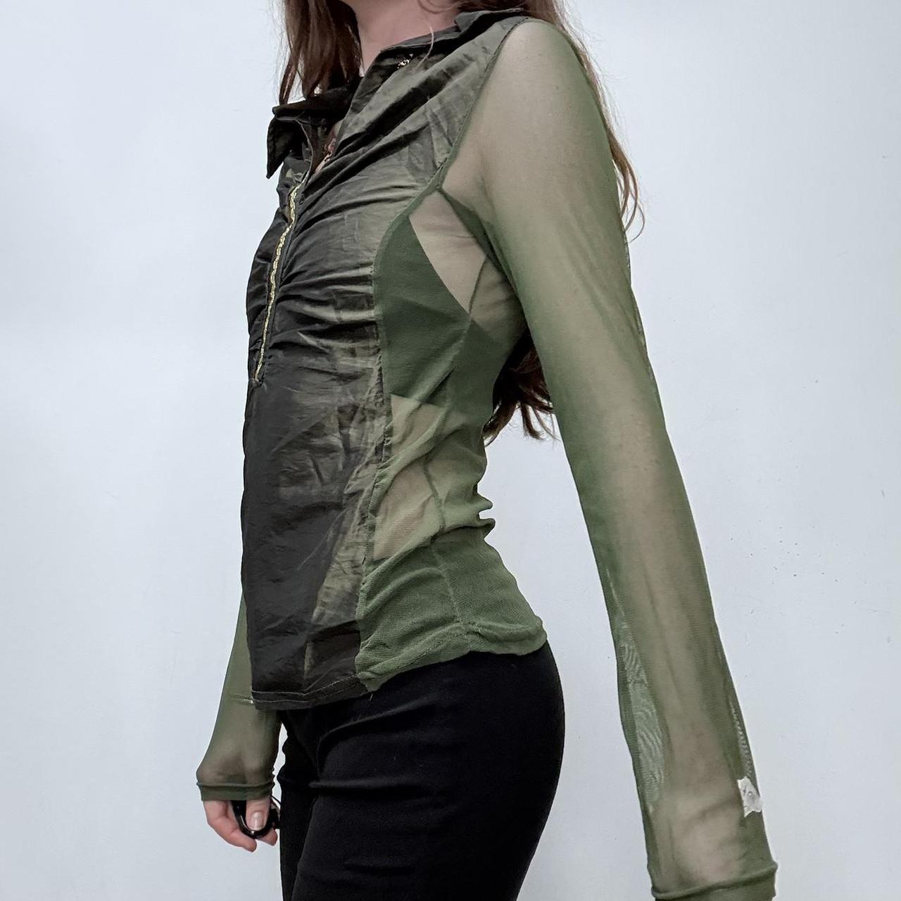 Khaki green gathered mesh shirt