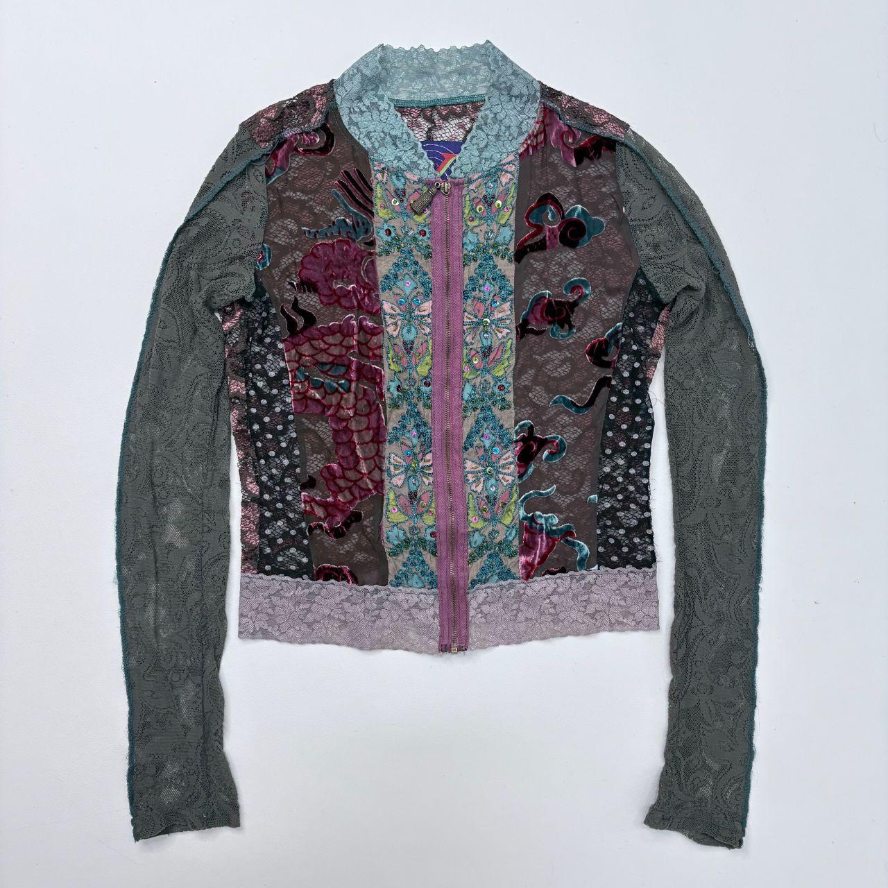 Floral lace fitted patchwork zip-shirt