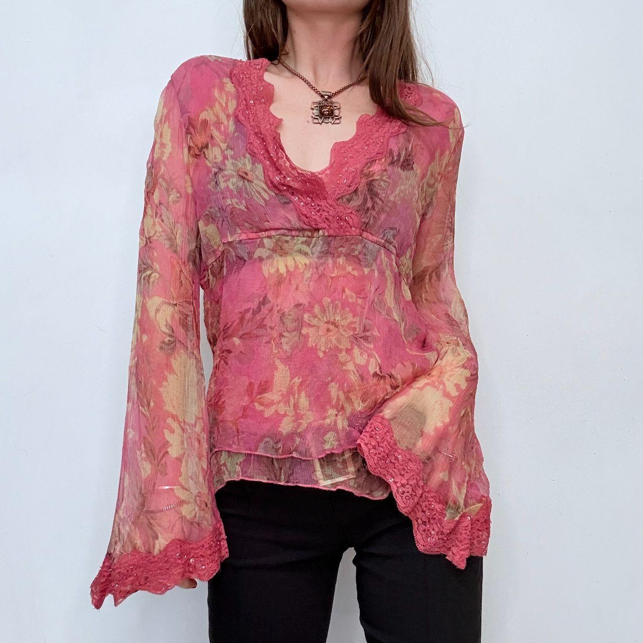 Pink silk floral lace flared shirt