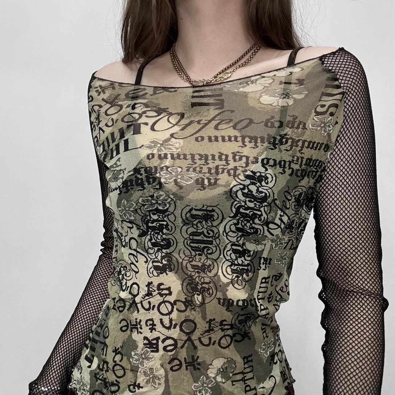 Y2k sheer graphic printed fishnet top