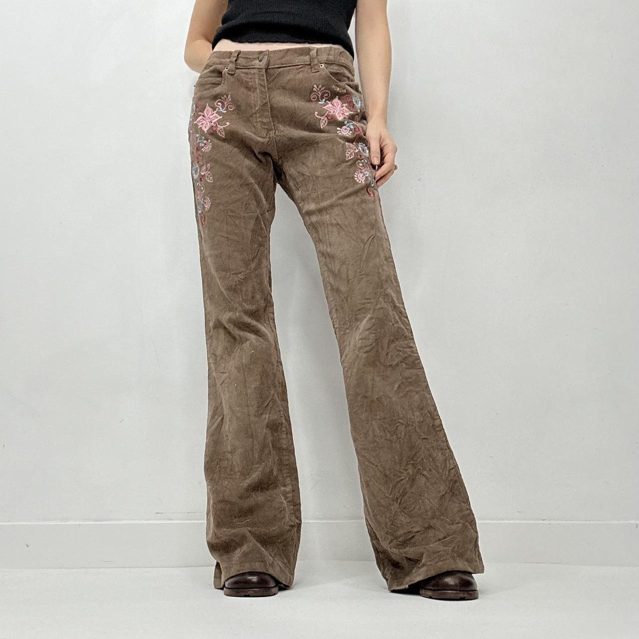 Brown cord embroidered flared trousers