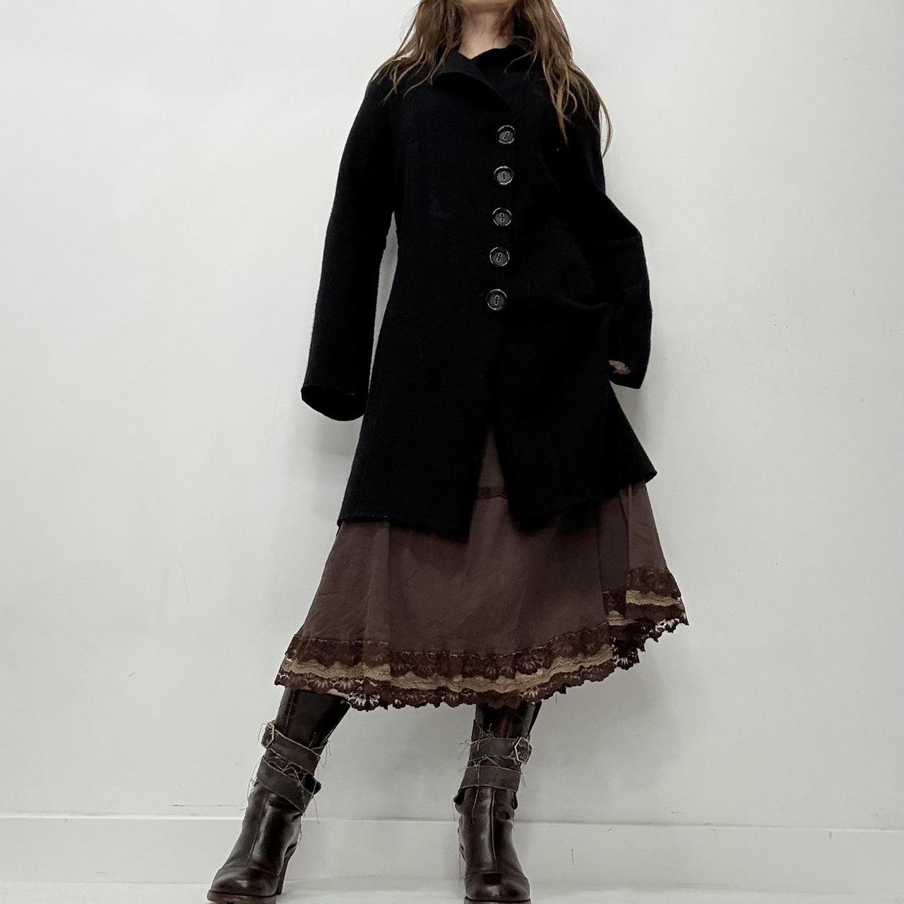 Black felted wool flared asymmetric pea coat