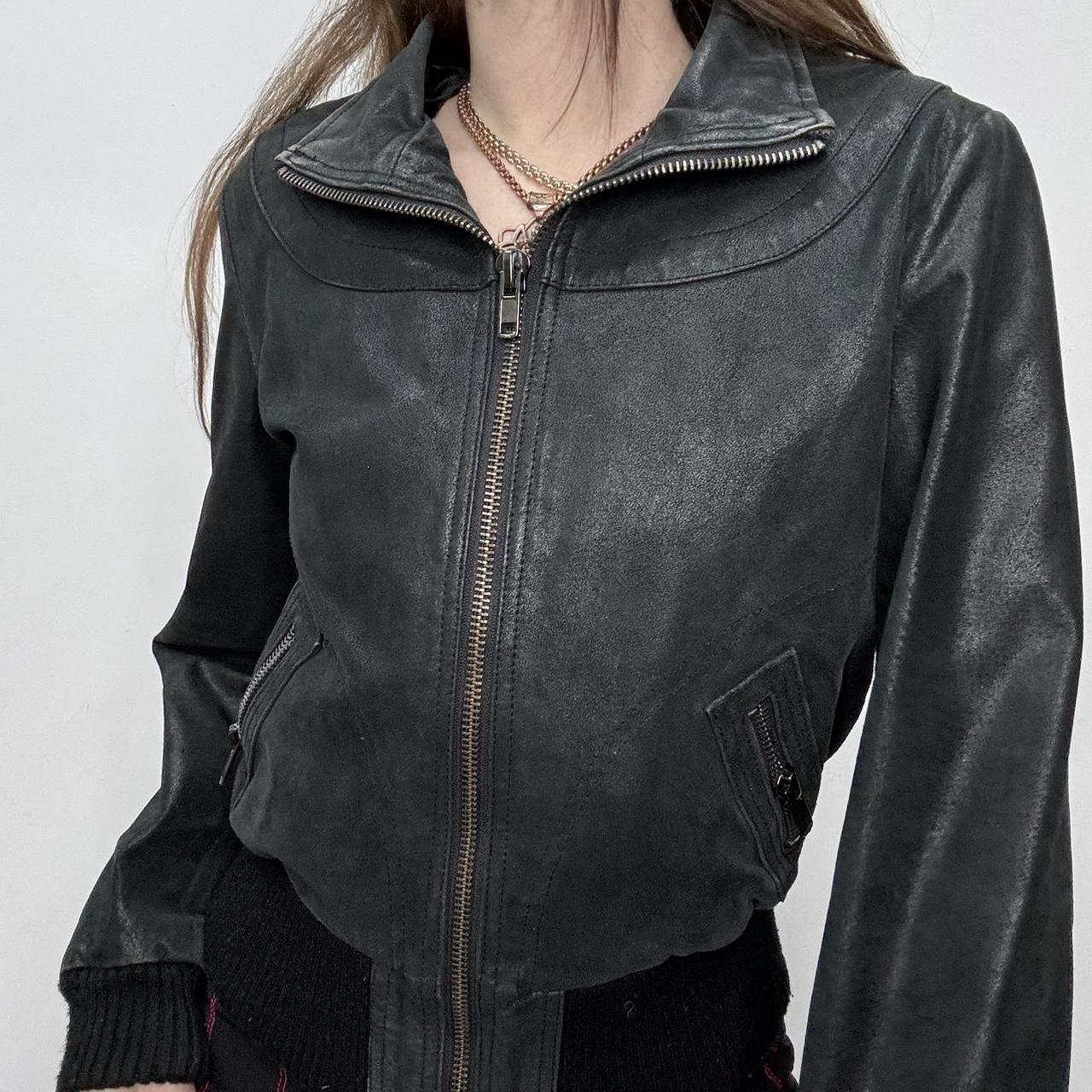 Black leather cropped bomber jacket