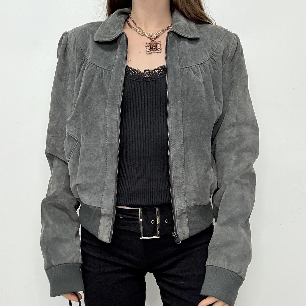 Grey suede cropped puff bomber jacket