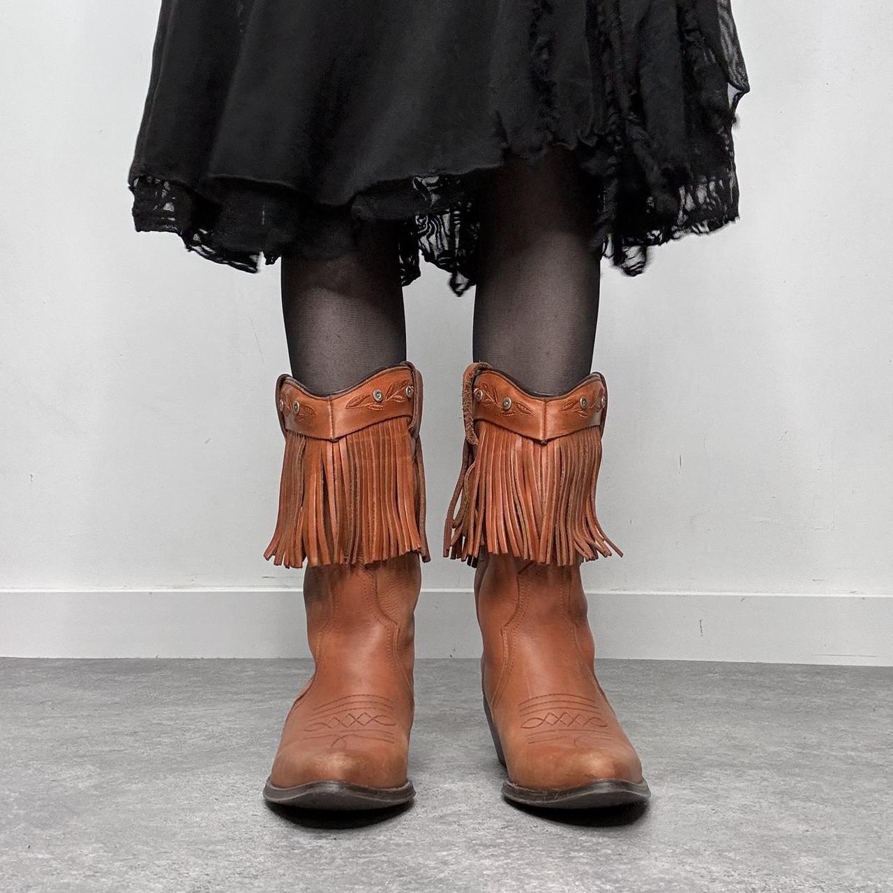 Tan leather fringe cowboy boots