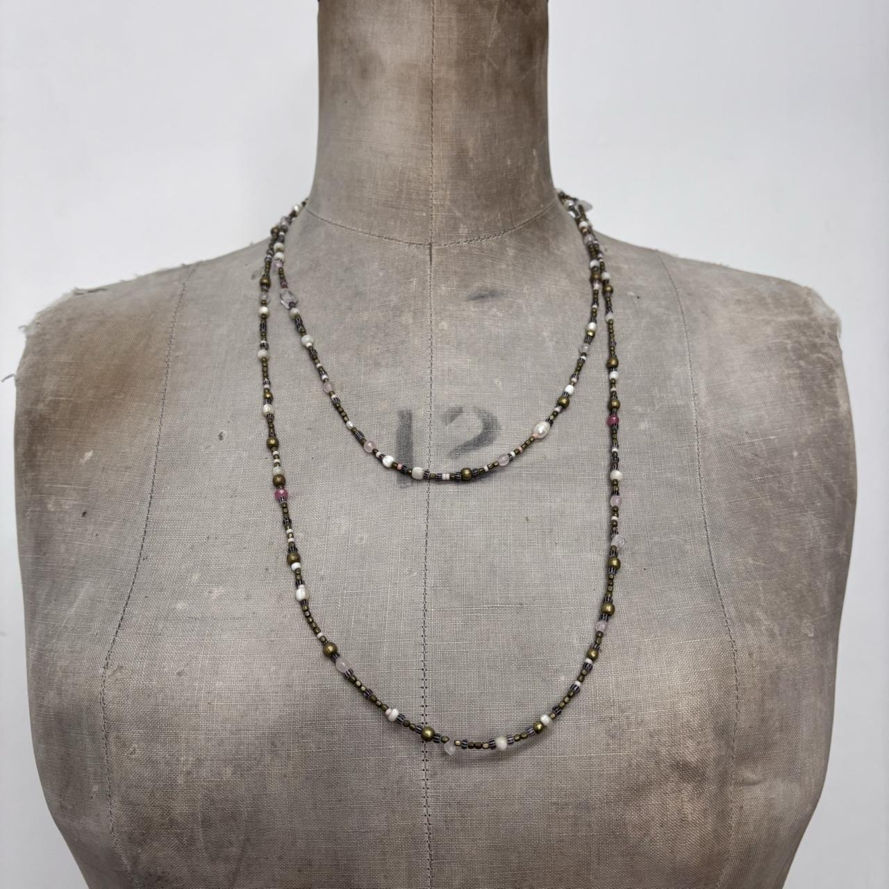 Long wrap pearl metal necklace