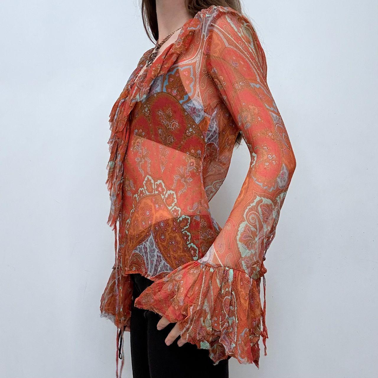 Paisley sheer silk flared ruffle shirt