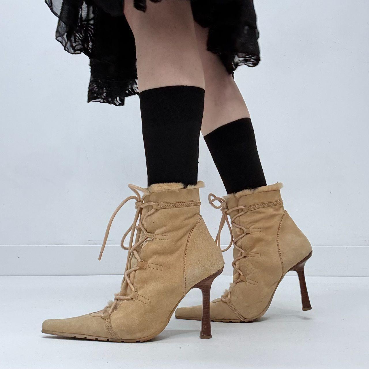 Tan leather pointed suede heels