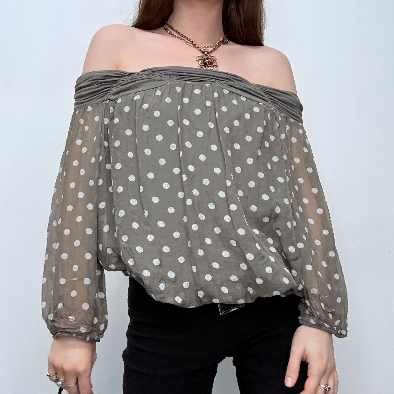 Slouchy off the shoulder polka dot shirt