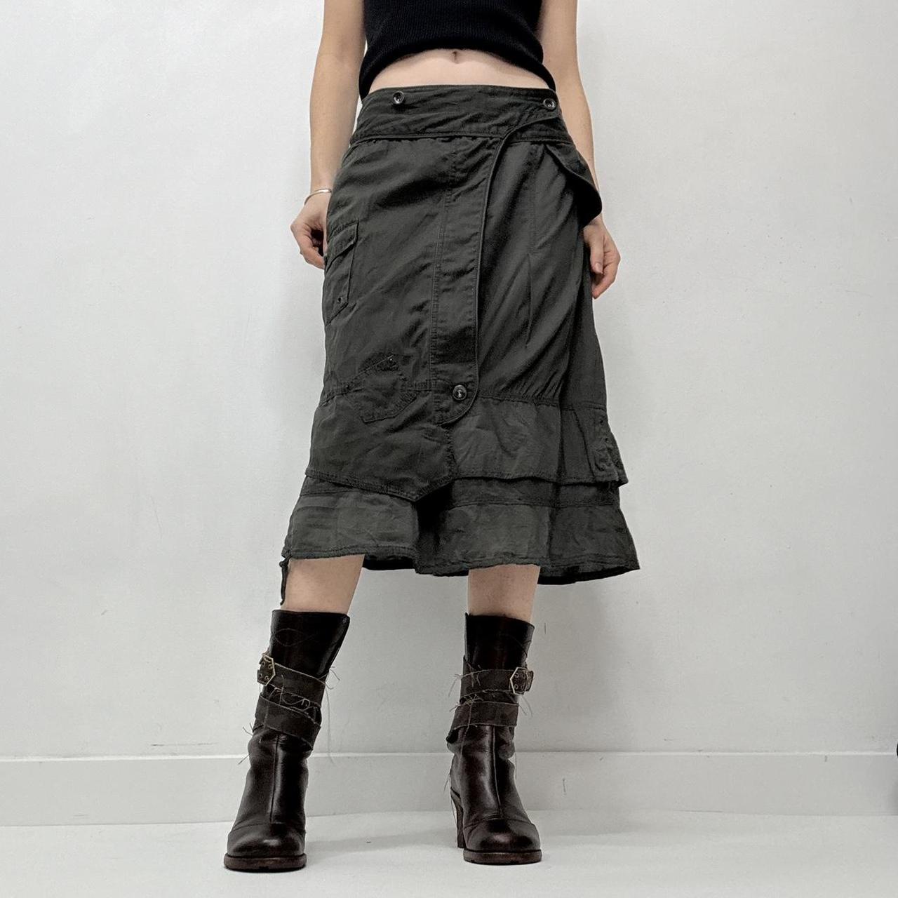 Khaki layered utility button midi skirt