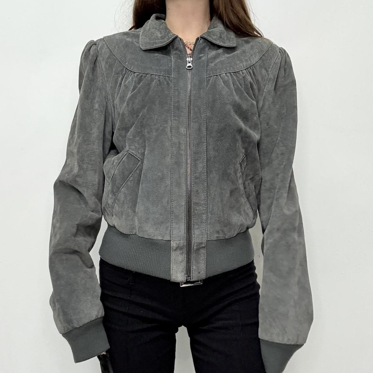 Grey suede cropped puff bomber jacket