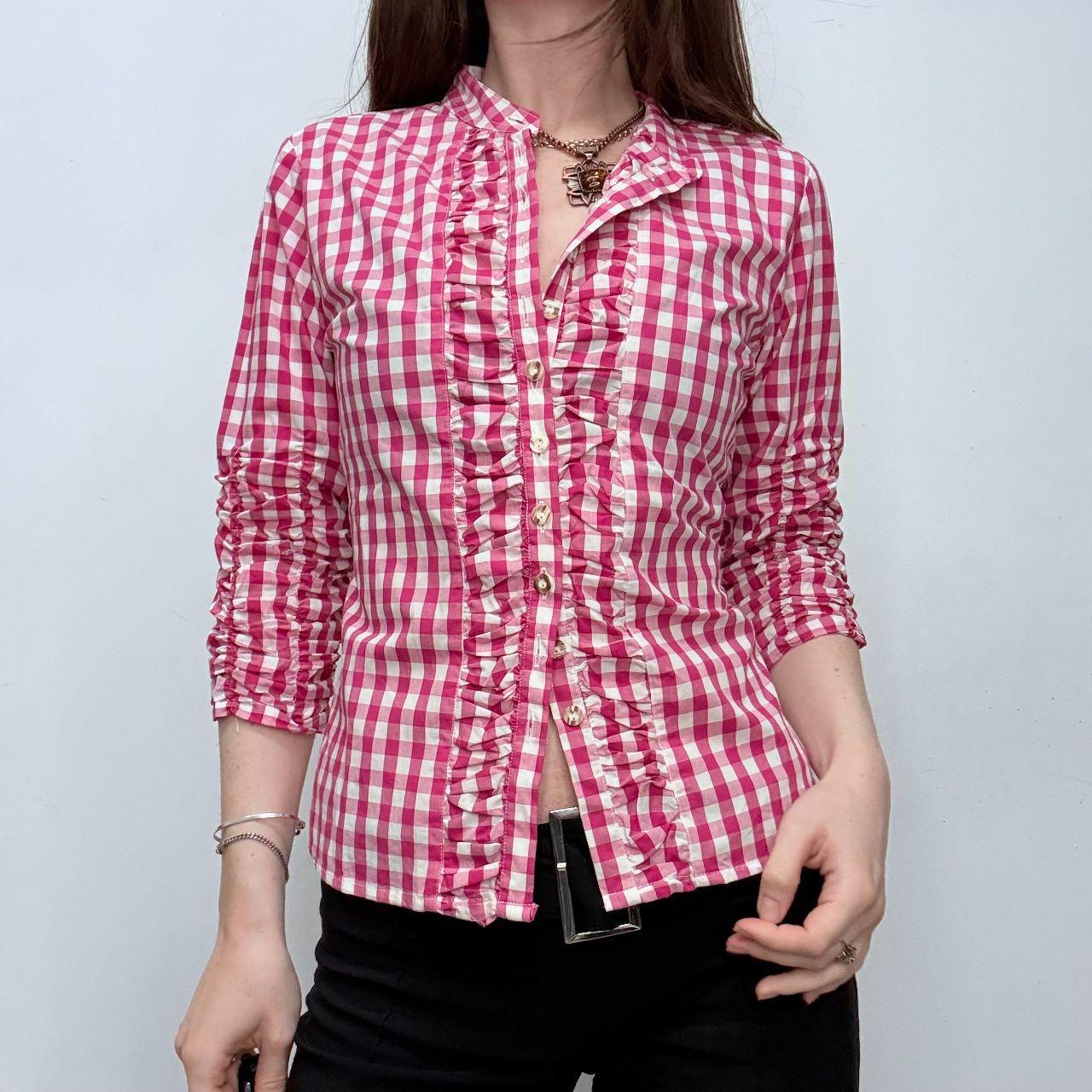 Pink tartan ruffle ruched shirt