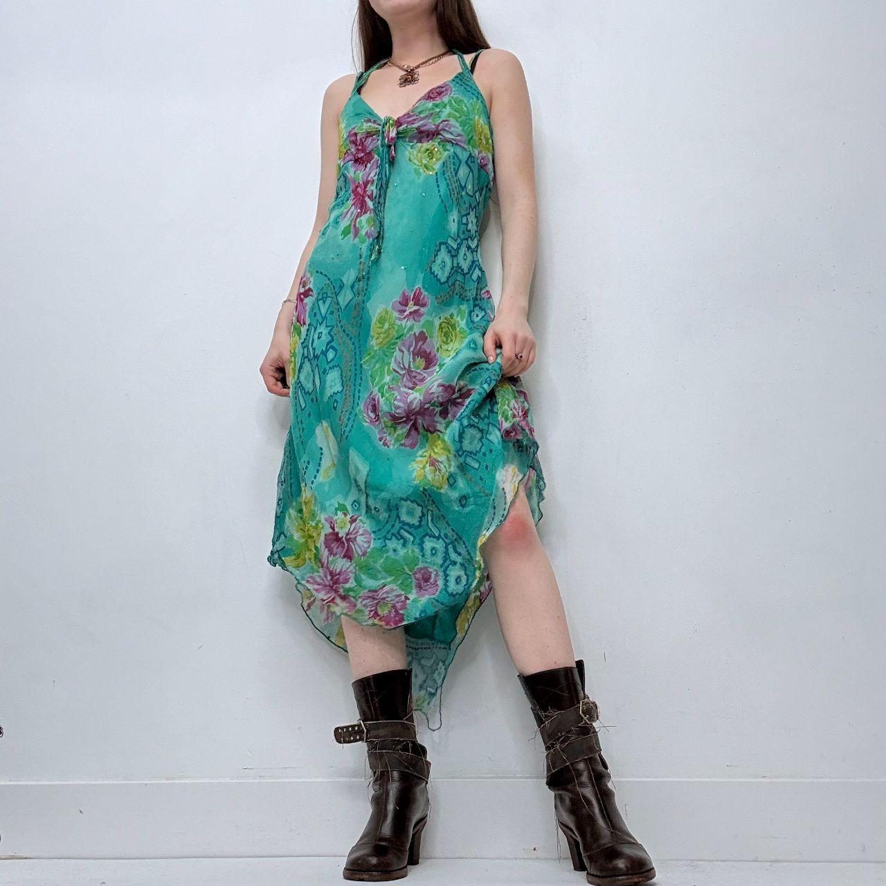 Blue floral silk fishtail dress