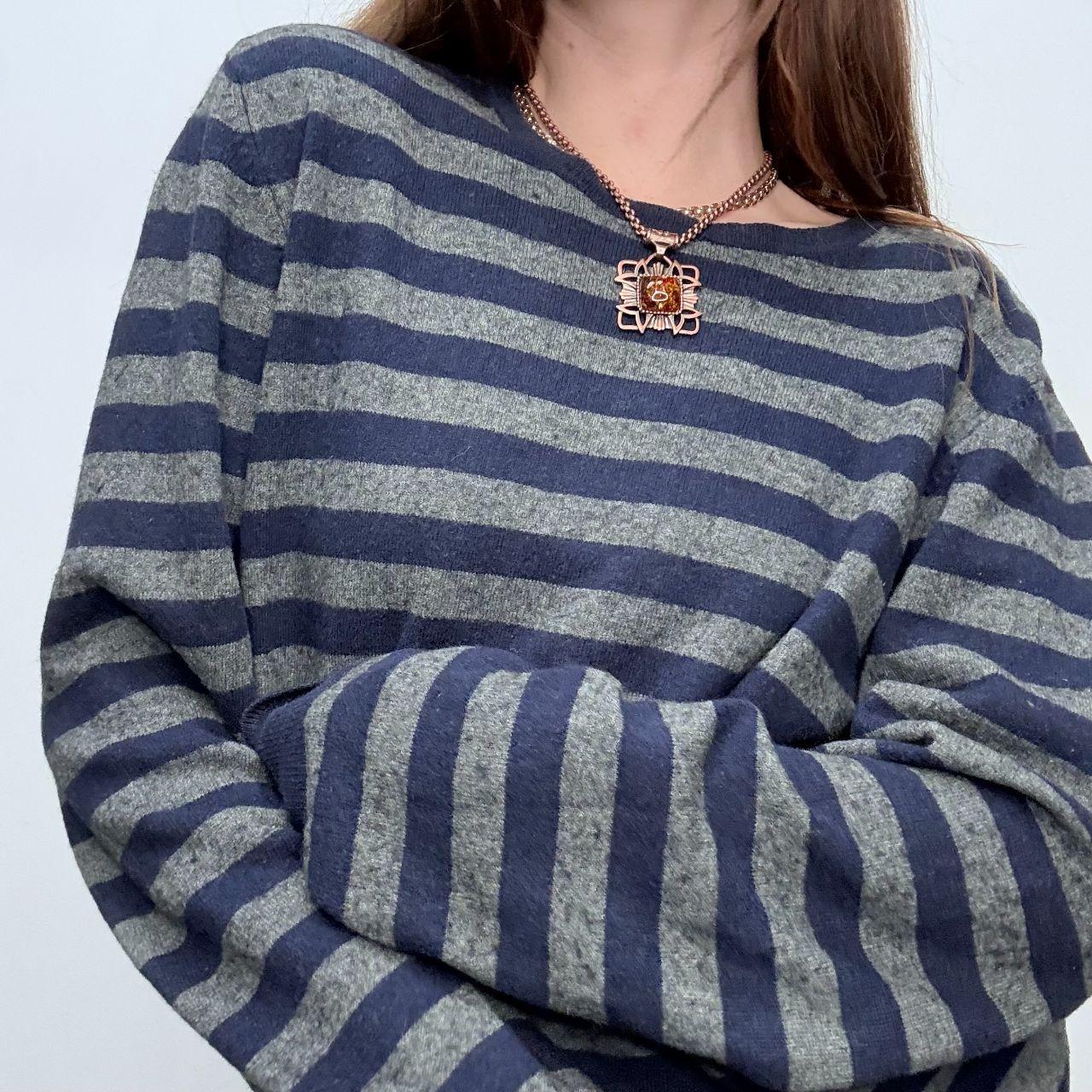 Grey navy striped wool knit oversized jumper