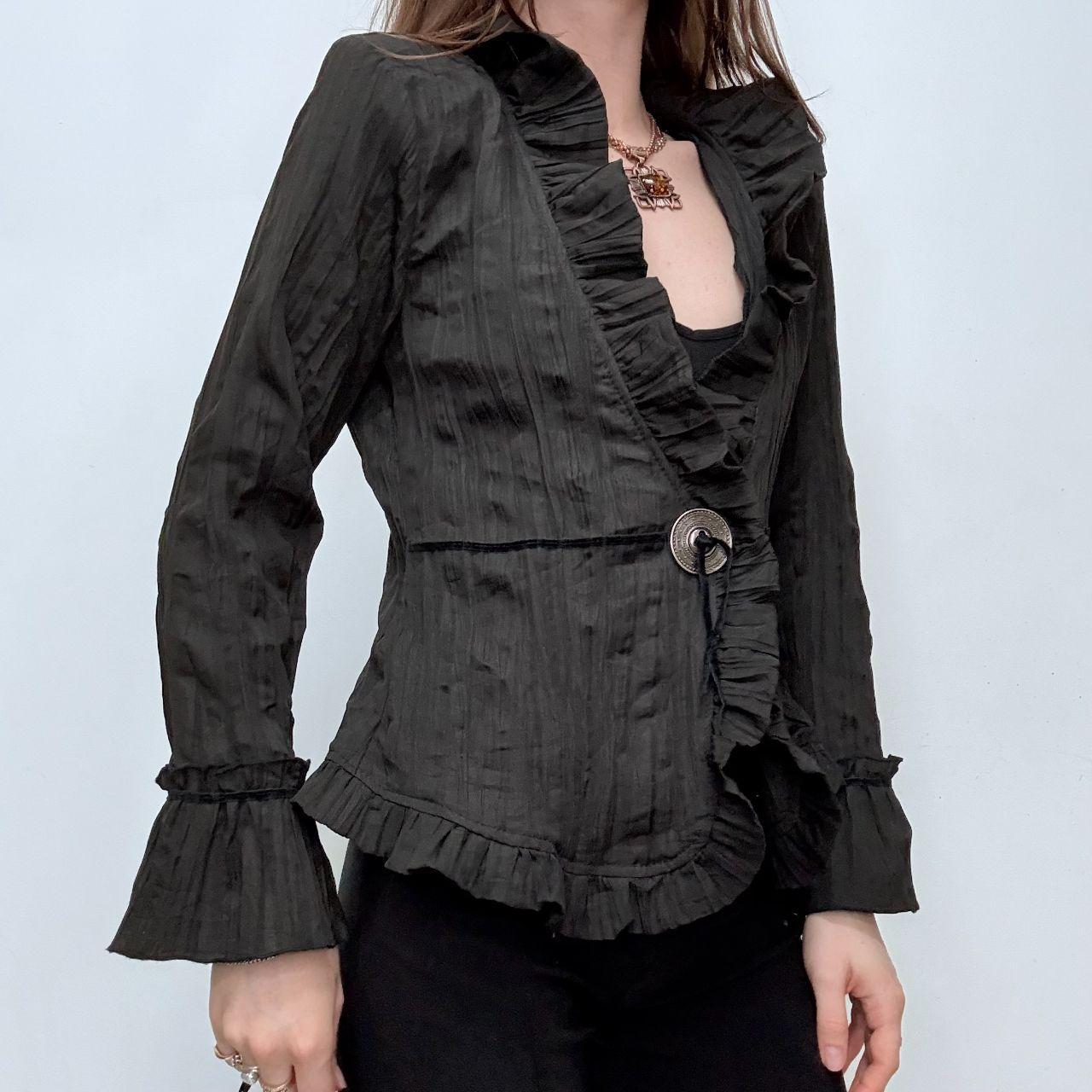 Black crinkle flared ruffle shirt