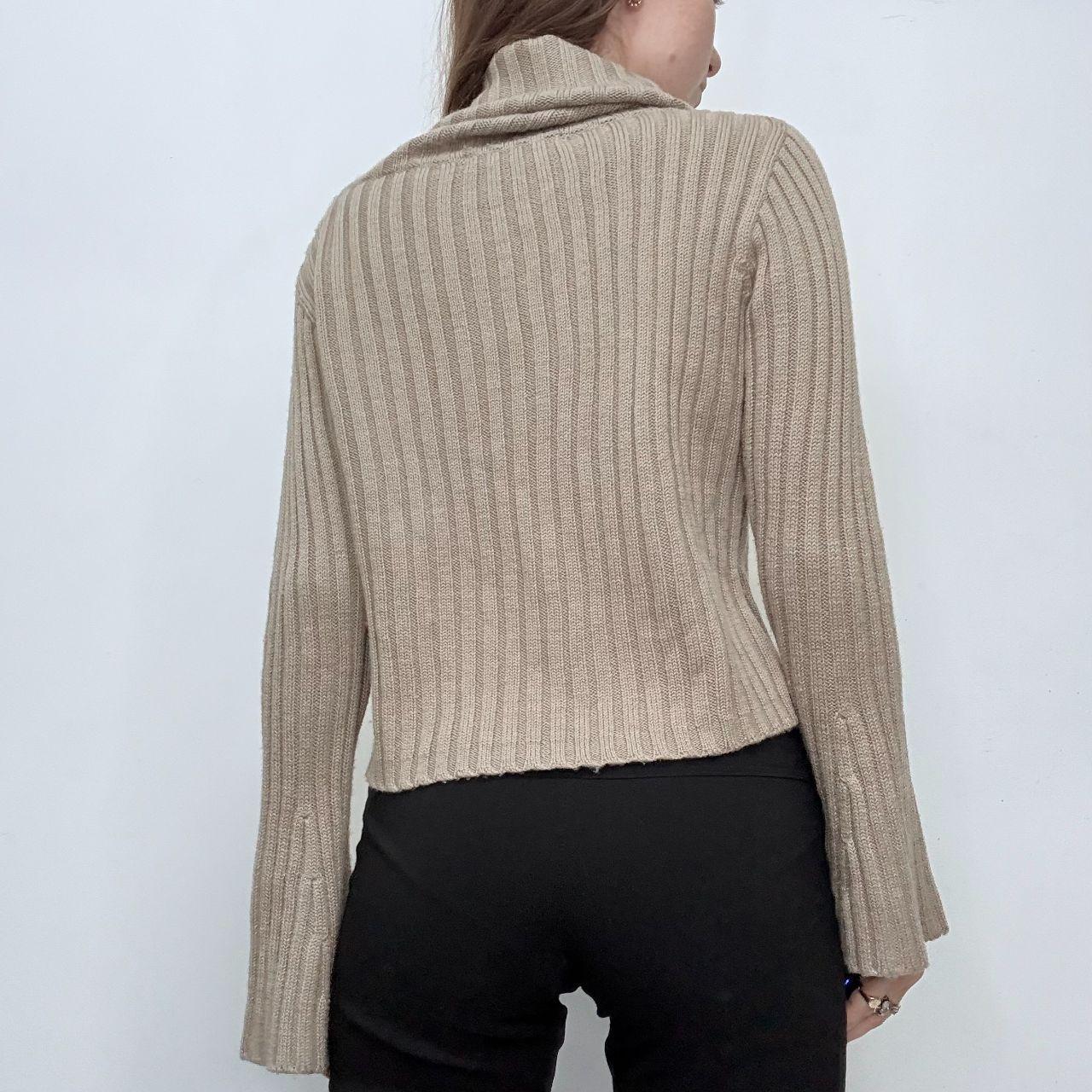 Tan ribbed flared fold-over neck jumper
