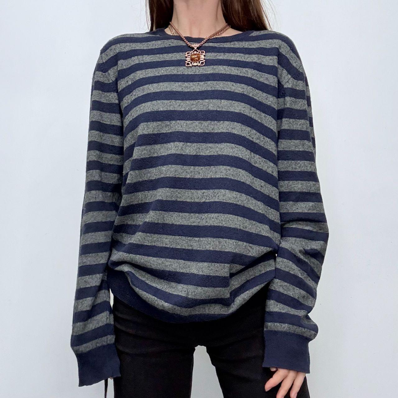 Grey navy striped wool knit oversized jumper