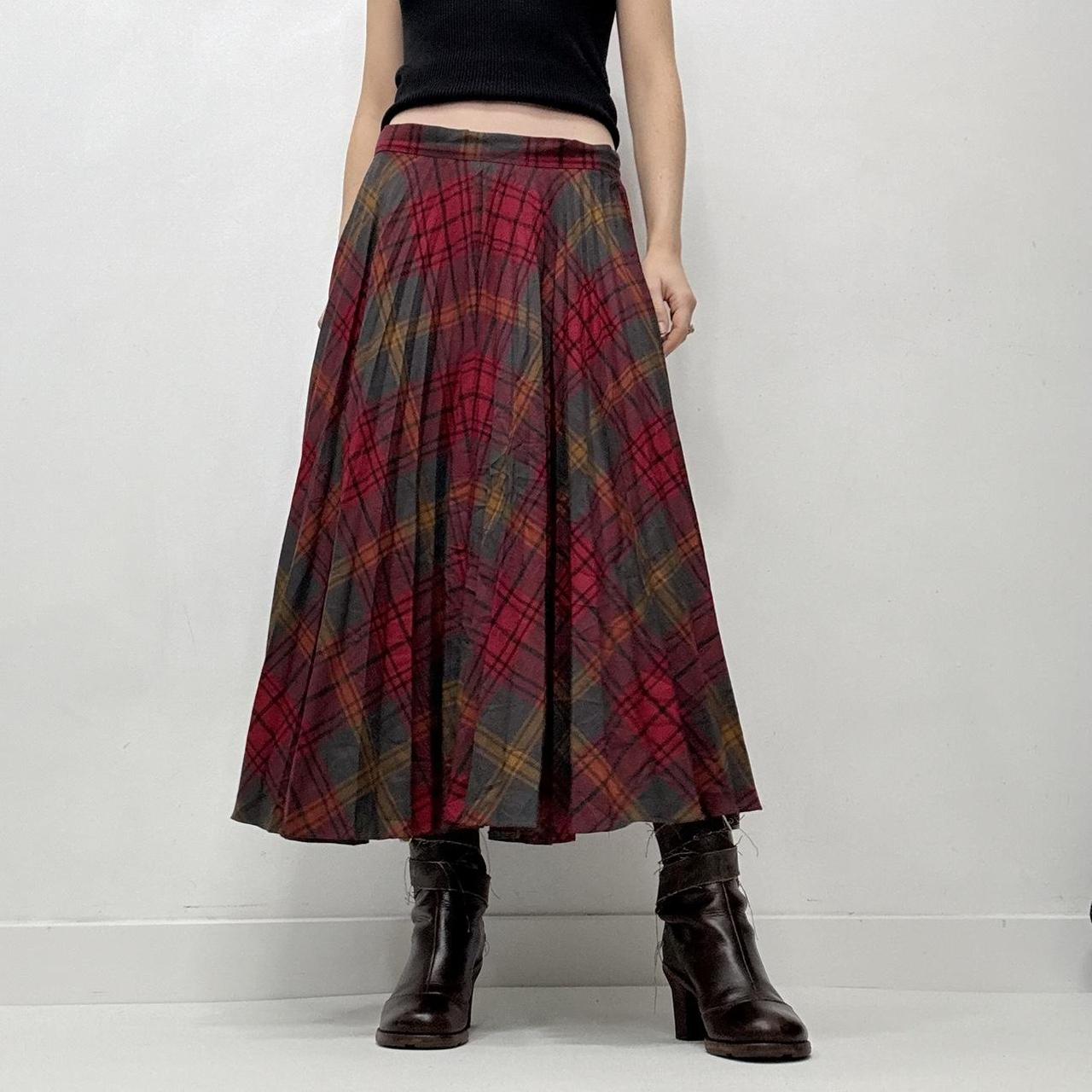 Red pleated tartan maxi skirt