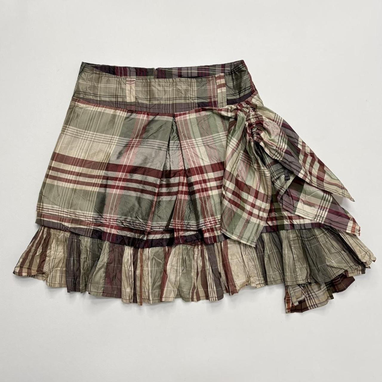 Checked tartan asymmetric ruffle layered skirt