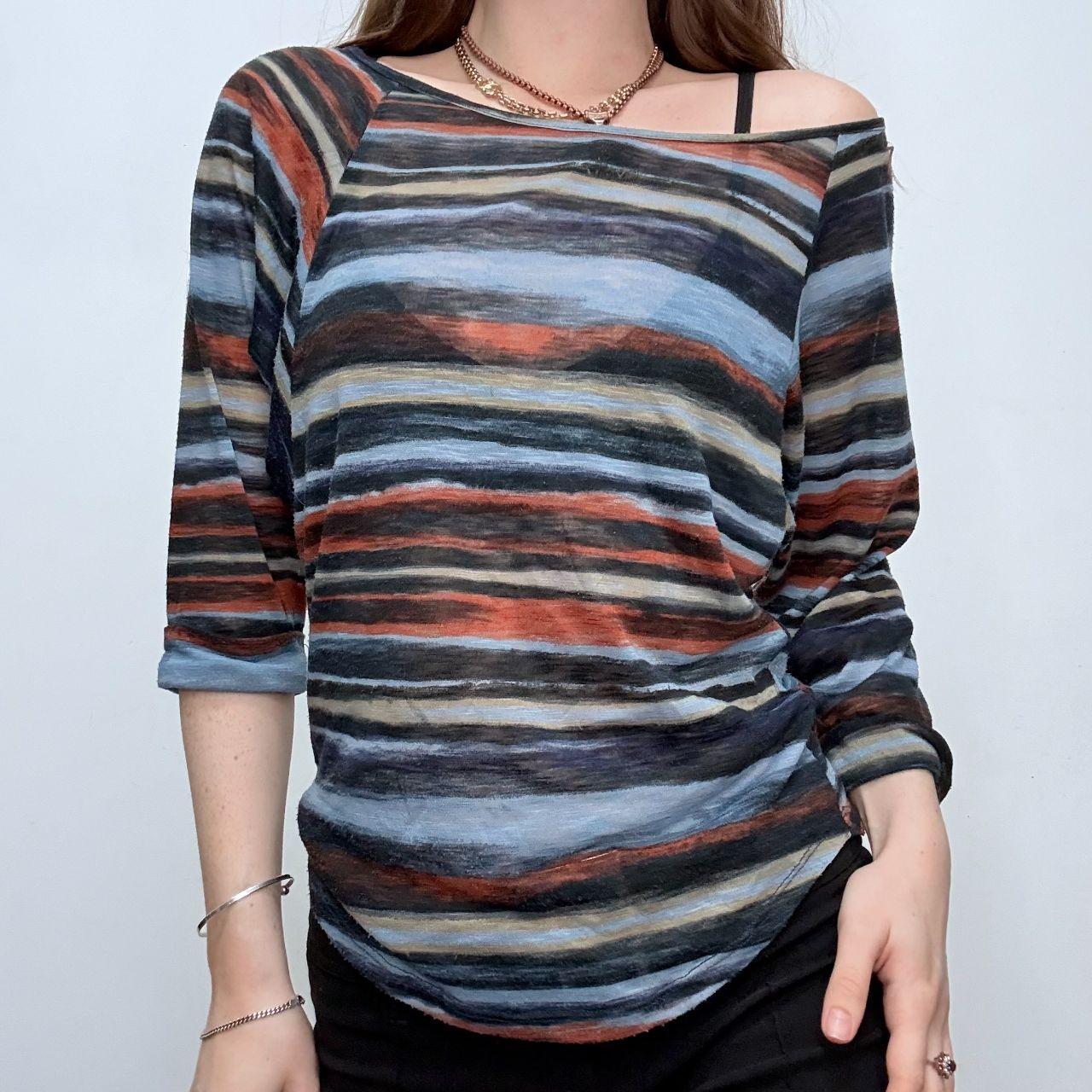 Distressed stripe slouchy sheer top