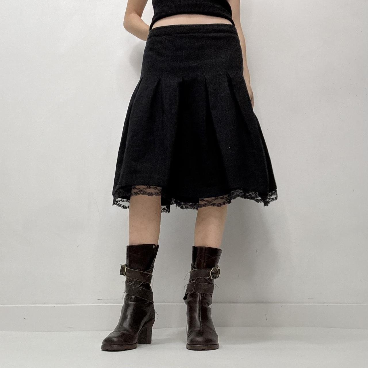 Pinstripe pleated lace midi skirt
