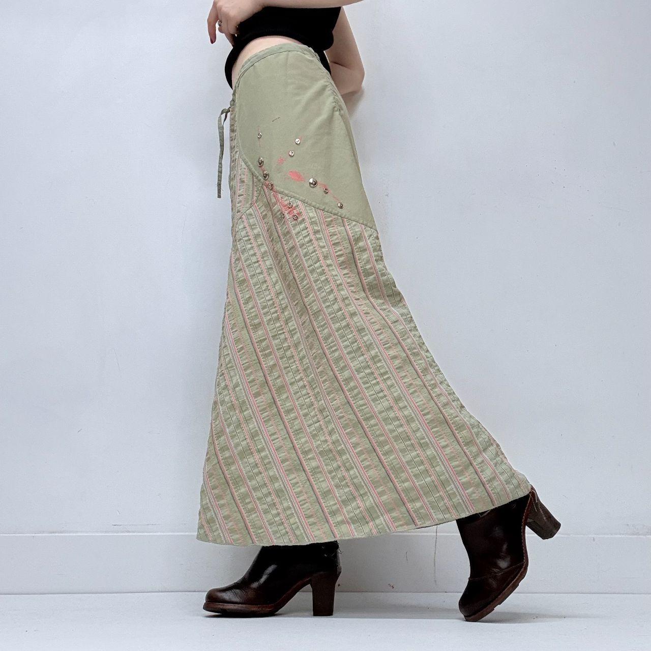 Green and pink asymmetric pinstripe a-line skirt