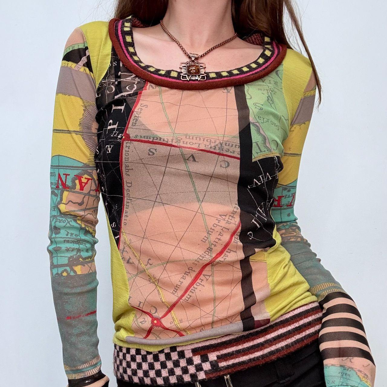 Sheer graphic long sleeve patchwork top