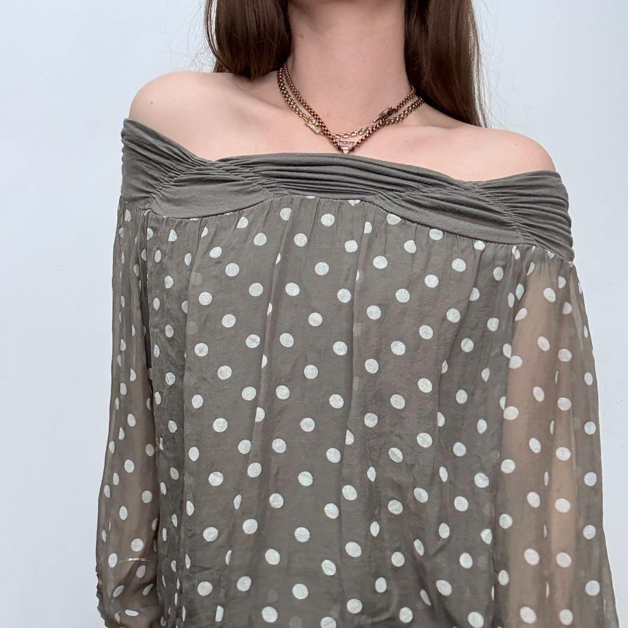 Slouchy off the shoulder polka dot shirt