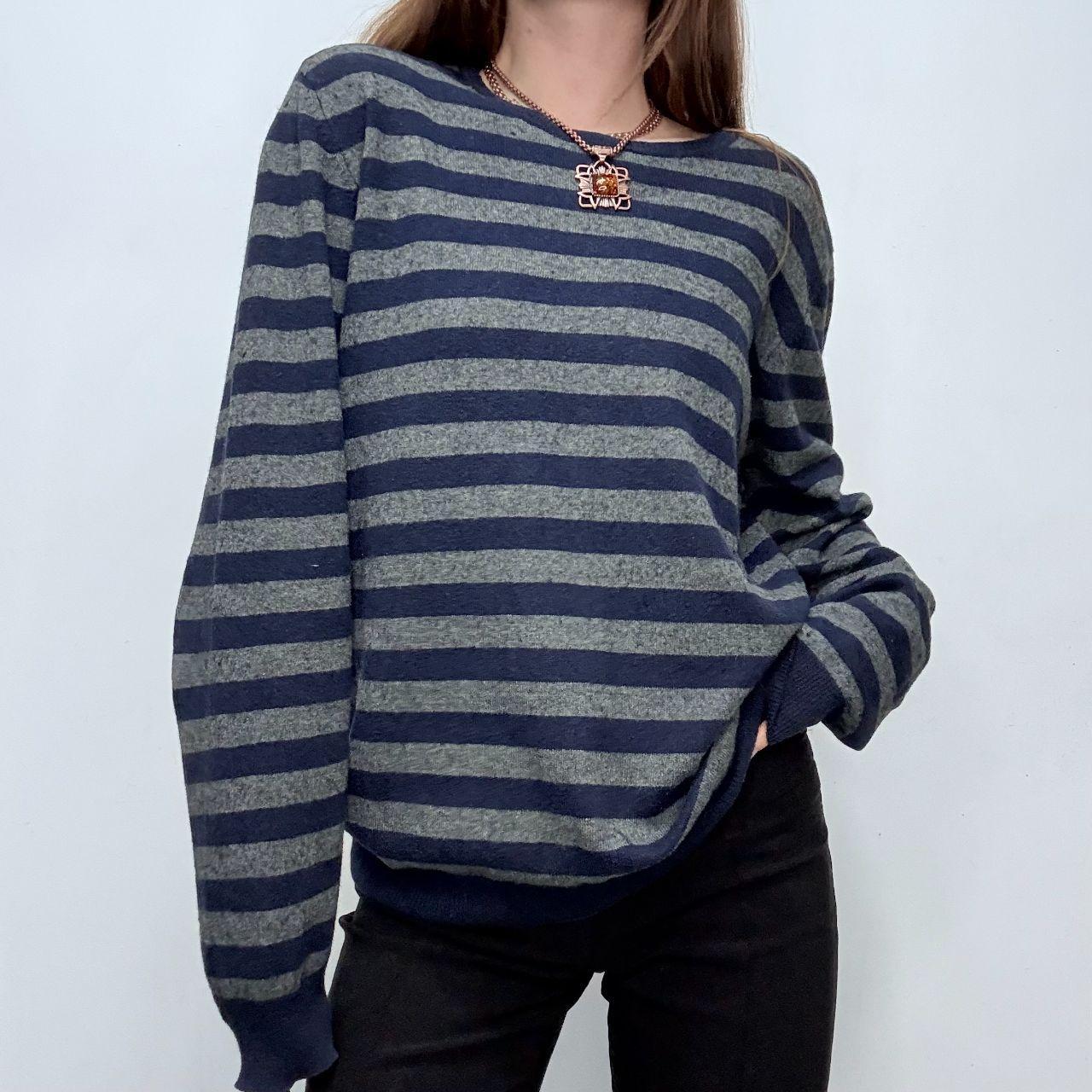 Grey navy striped wool knit oversized jumper
