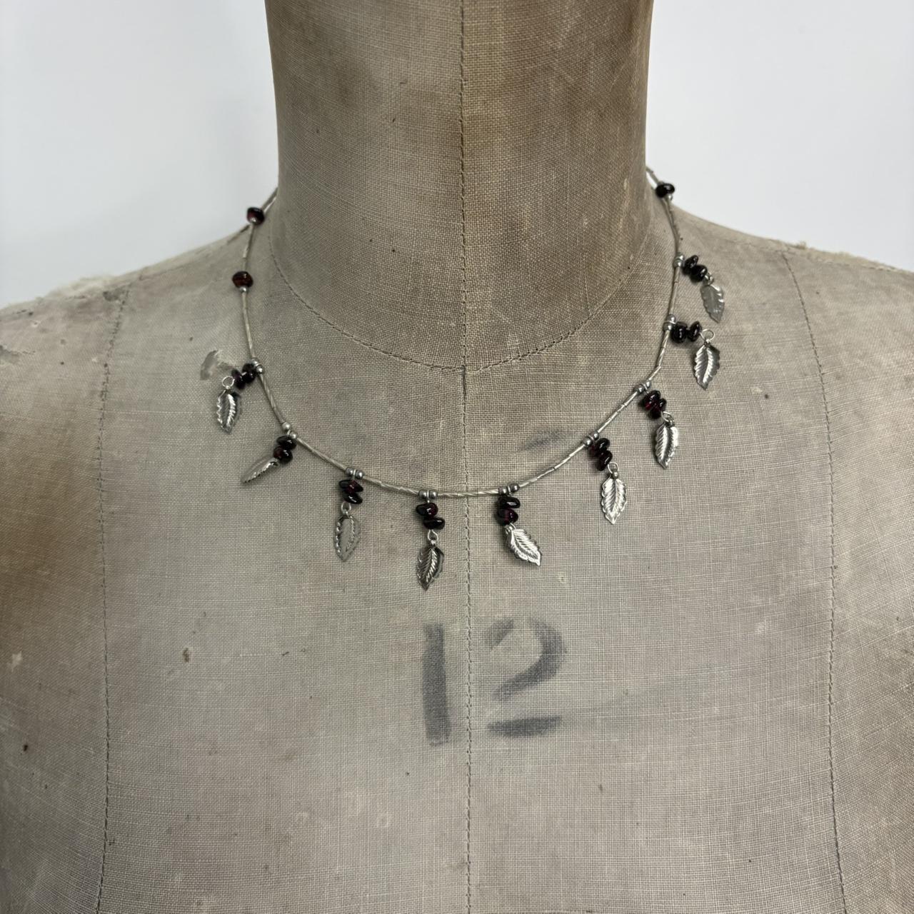 Silver bead draped leaf necklace