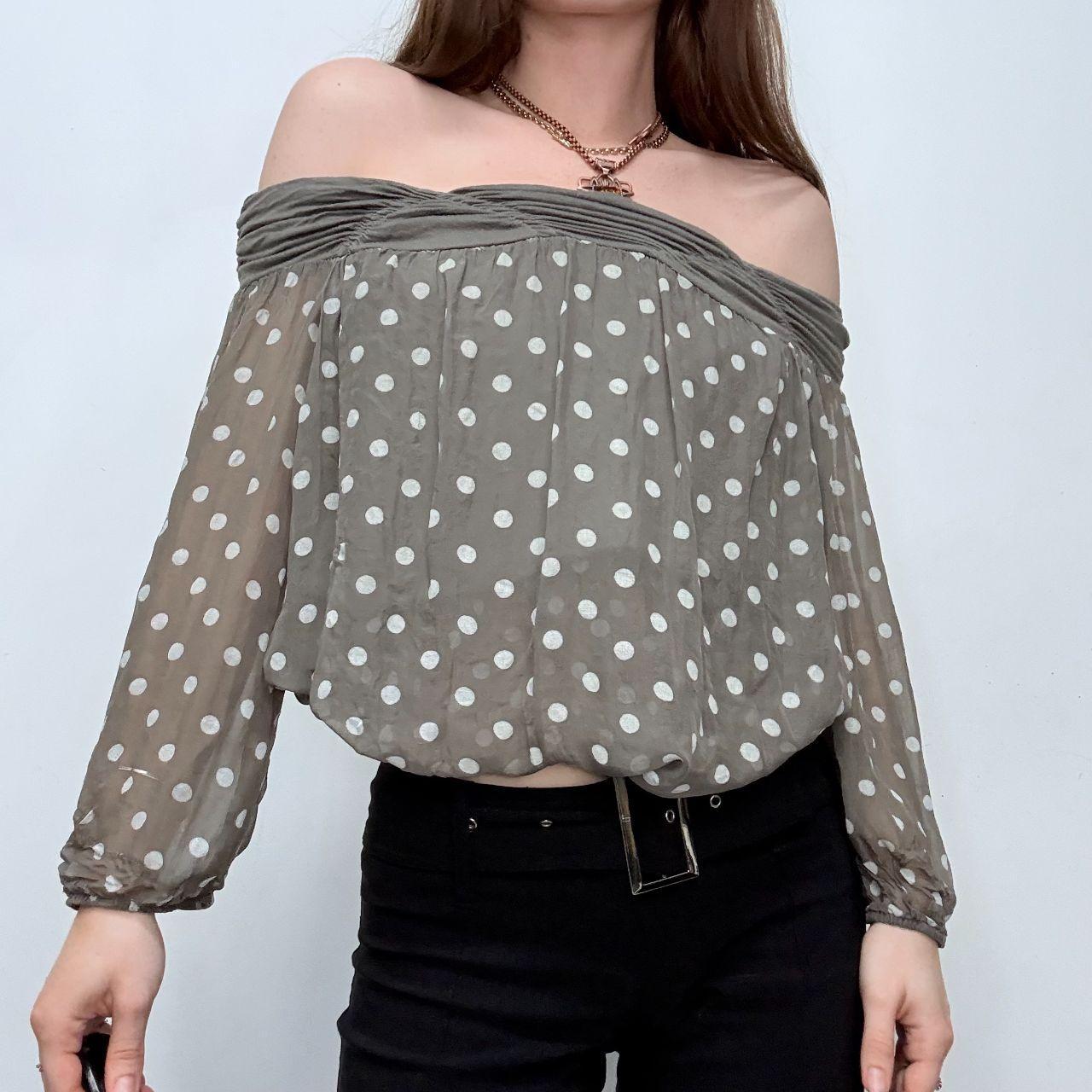 Slouchy off the shoulder polka dot shirt