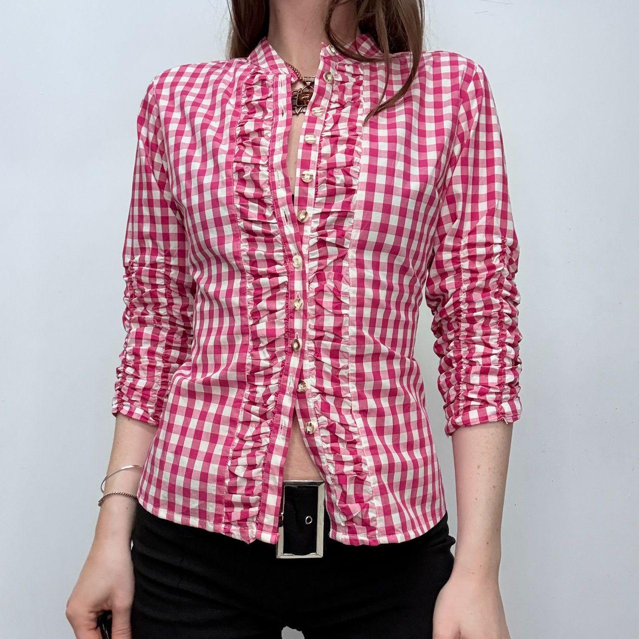 Pink tartan ruffle ruched shirt