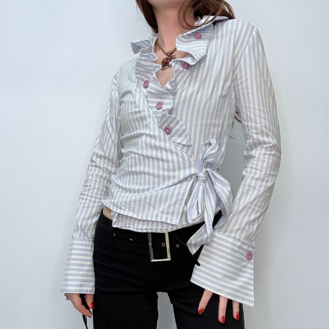 Asymmetric striped ruffle shirt