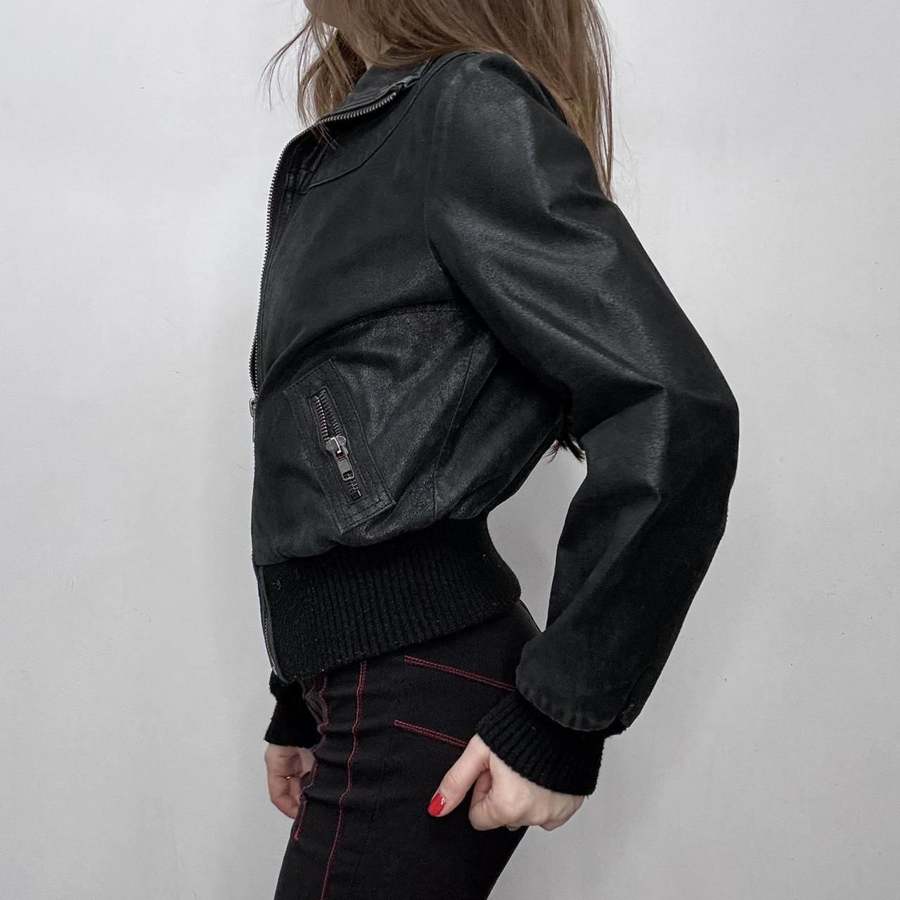 Black leather cropped bomber jacket