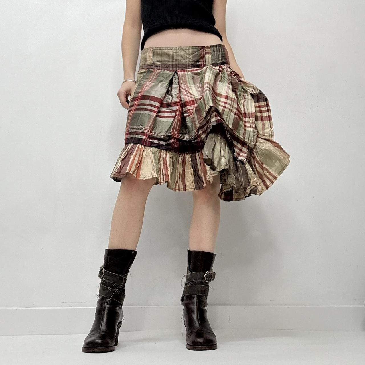 Checked tartan asymmetric ruffle layered skirt