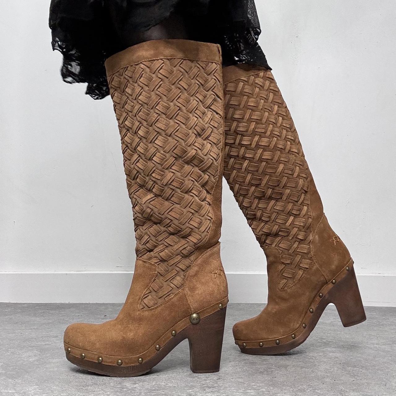 Tan suede woven leather stud clog boots