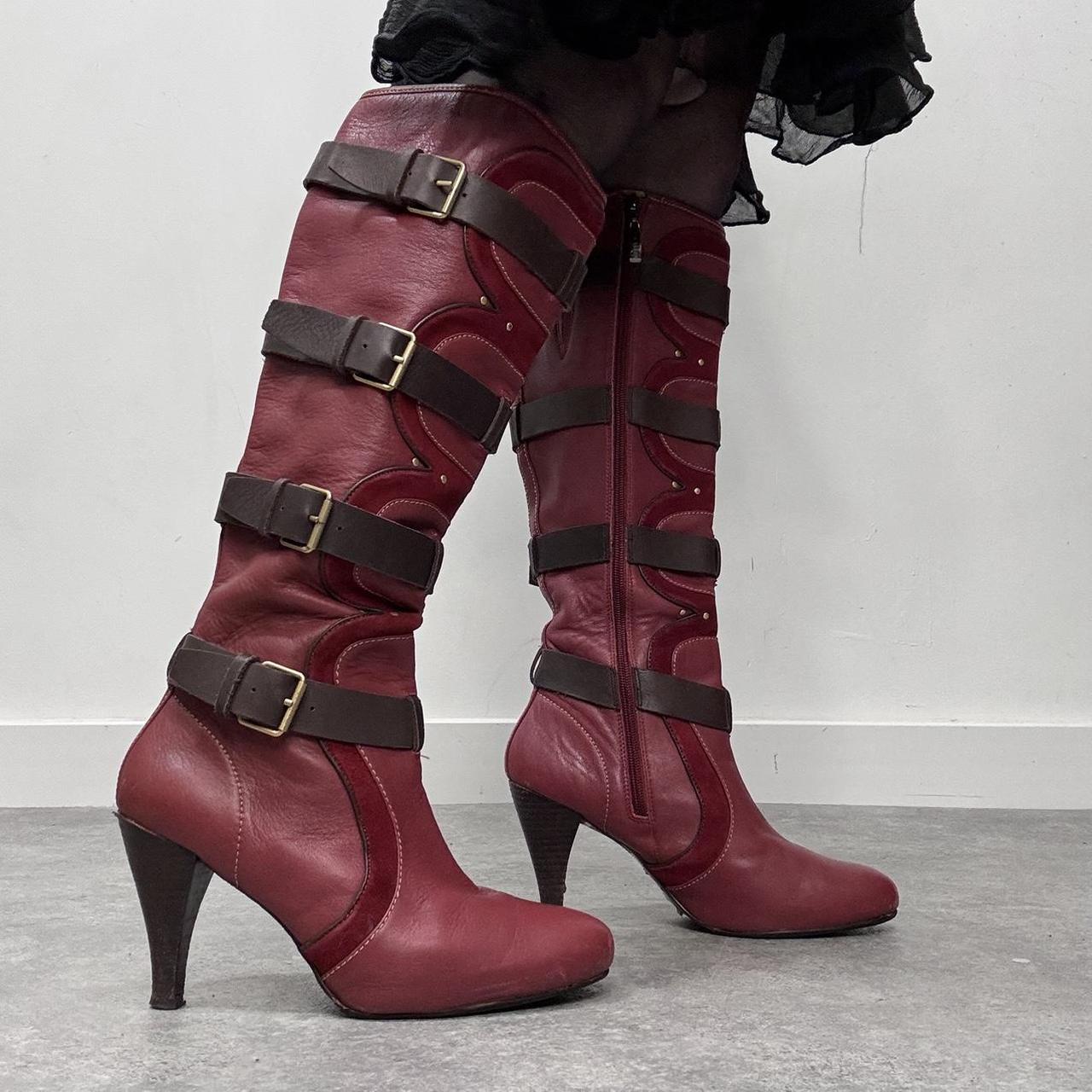 Red leather heel buckle boots