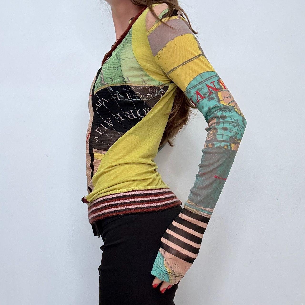 Sheer graphic long sleeve patchwork top