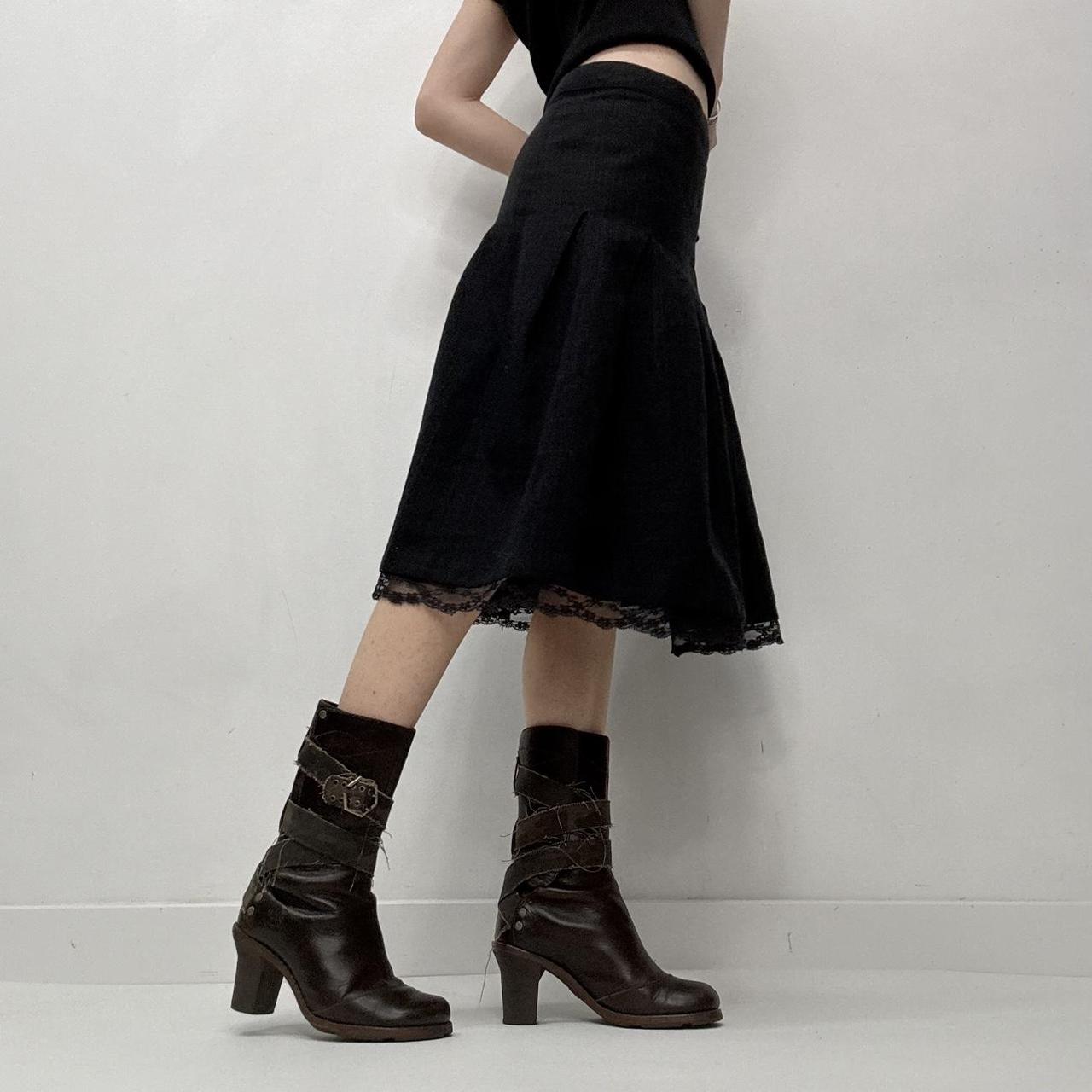 Pinstripe pleated lace midi skirt